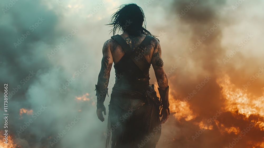 Fototapeta premium Black-haired barbarian in a steampunk outfit and tattoo