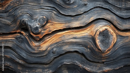 Elegantly aged wood with intricate patterns revealing nature's artistry in a tranquil forest setting. Generative AI photo