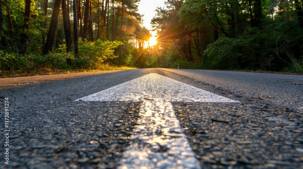 Obraz premium Sunset road with arrow marking direction forward.