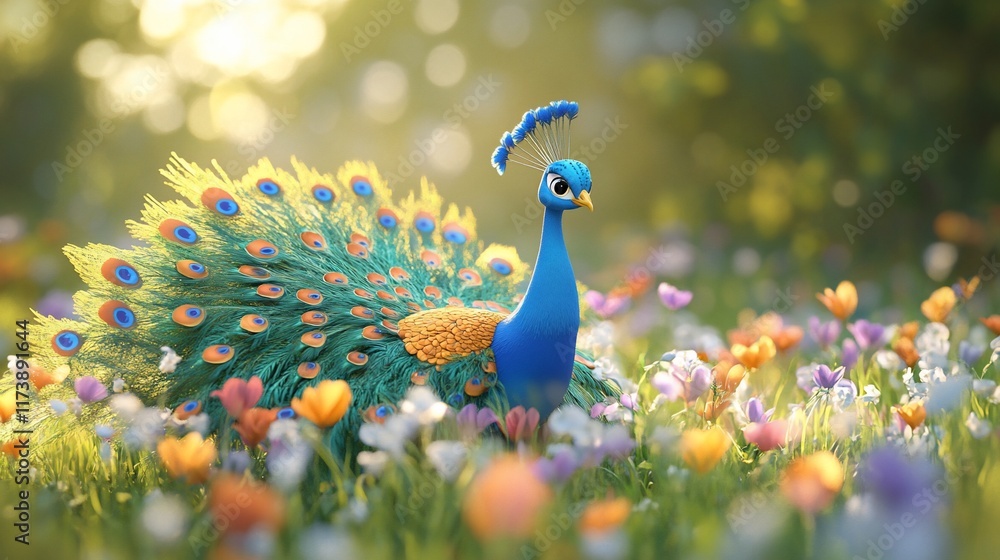 Obraz premium Cartoon peacock in a colorful flower field.