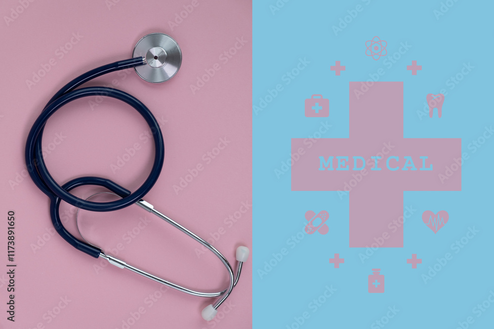Fototapeta premium medical aid, pink and blue background, stethoscope and medical cross