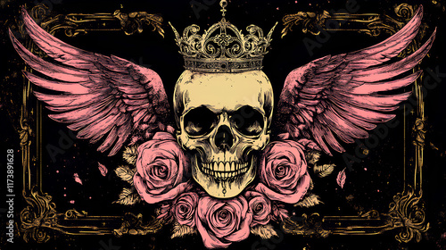 Fototapeta Naklejka Na Ścianę i Meble -  Skull with wings and a crown is surrounded by roses