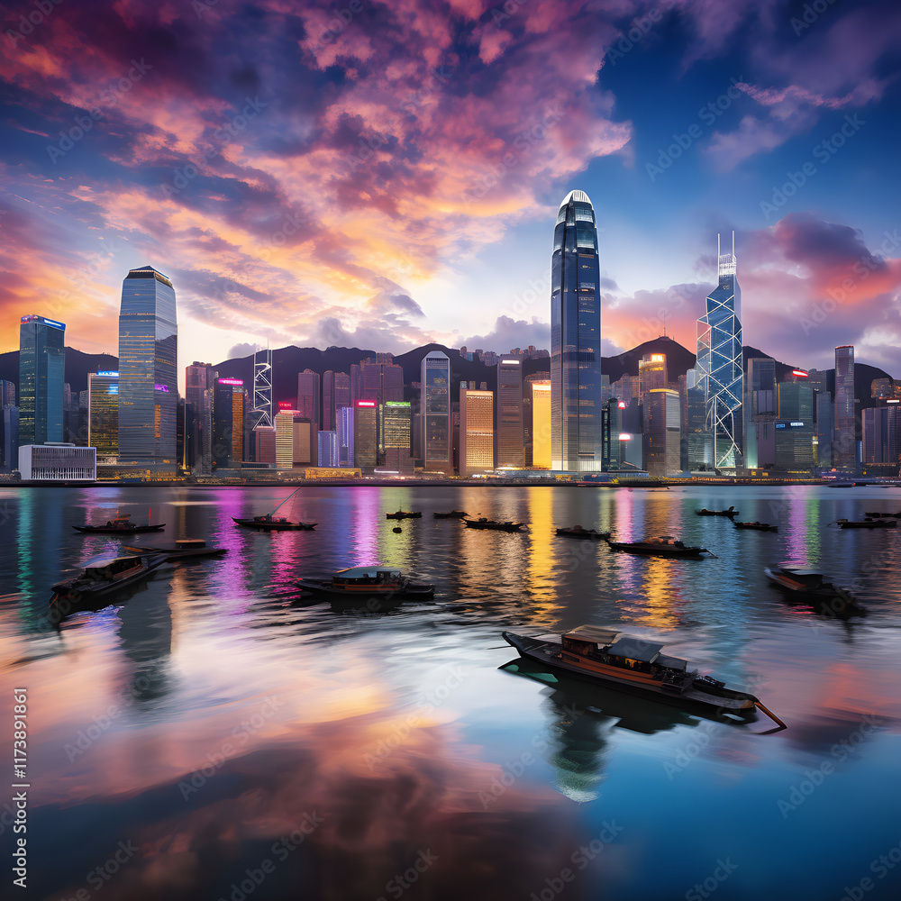 Fototapeta premium Breathtaking Sunset Over The Vibrant Hong Kong Skyline With The Majestic Victoria Peak In The Distance
