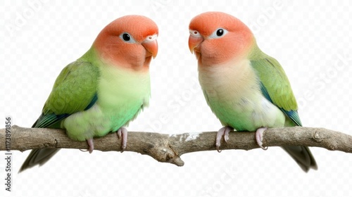 Two peach-faced lovebirds perch on a branch. This vibrant image is perfect for nature-themed designs, pet store ads, or educational materials. photo