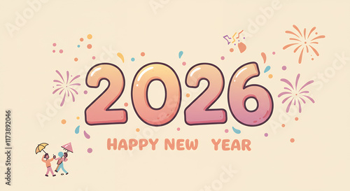 Happy New Year 2026: Cute Cartoon Illustration with Fireworks and People photo