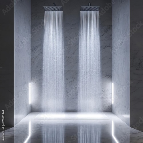 Luxurious marble shower with dual rain heads, glowing side walls, and calming foggy reflections photo