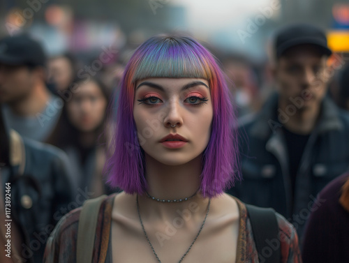 A portrait of a woman with brightly coloured hair on the street