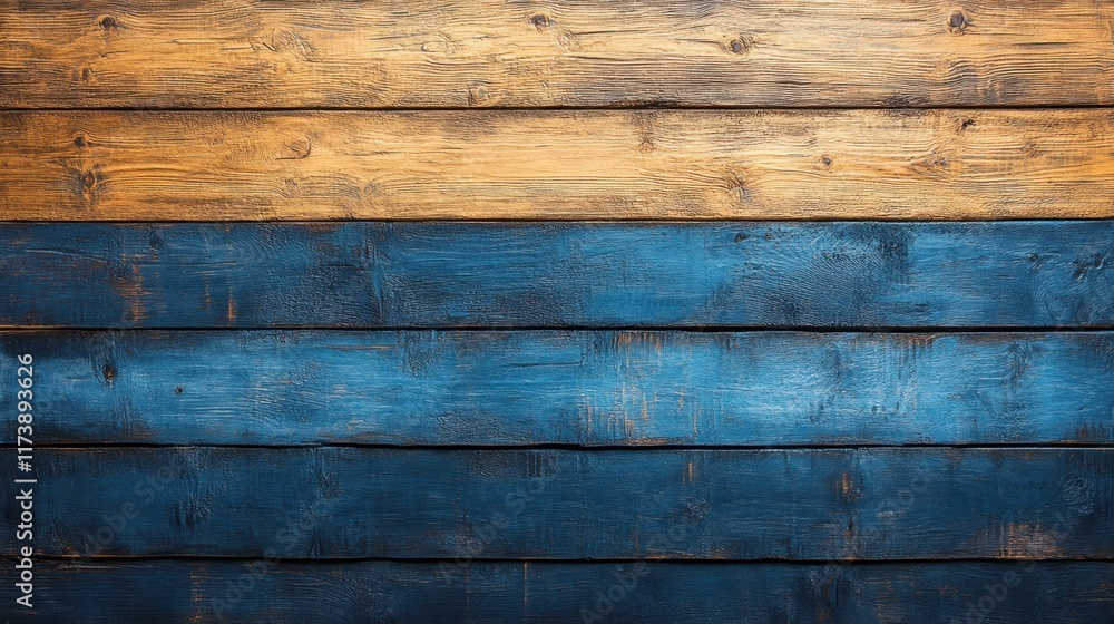 Naklejka premium Captivating wooden texture showcasing vivid blue and warm brown tones in a rustic wall design. Generative AI
