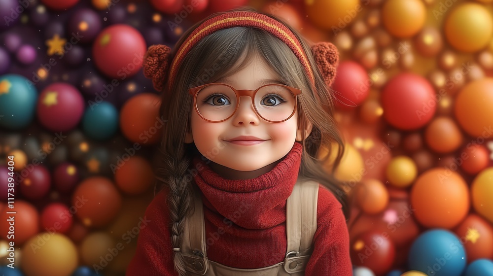 Smiling child in colorful sweater with glasses amidst vibrant spheres Smiling child in colorful sweater with glasses amidst vibrant spheres