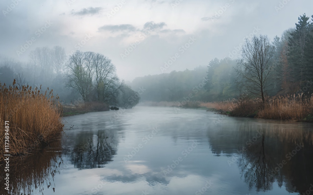 Foggy Riverbend, Misty river reflecting sky, bare trees, reeds. Foggy Riverbend, Misty river reflecting sky, bare trees, reeds.
