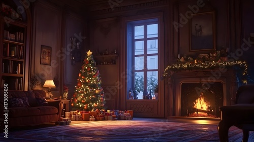 Wallpaper Mural A cozy Christmas interior with a beautifully decorated room, fireplace, and Christmas tree creates a warm and festive atmosphere for the holiday season - HD and realistic Torontodigital.ca