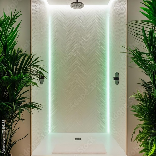 Nature-inspired spa shower with tropical accents and a glowing back panel photo