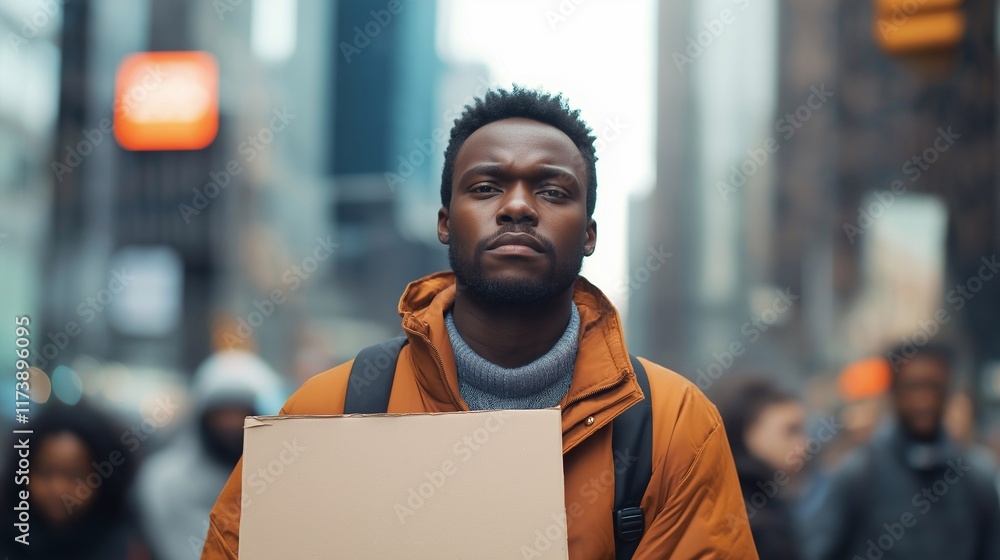 Naklejka premium A polluted cityscape, a mature black man holding copy space advocating for climate action. The empty protest sign, the city environment, the urgency and commitment to change, crowded background