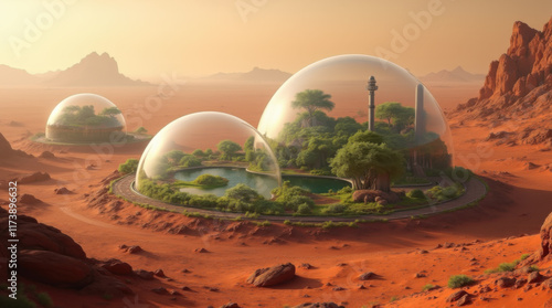 Innovative domed structures provide sustainable living on Mars with lush greenery and water features