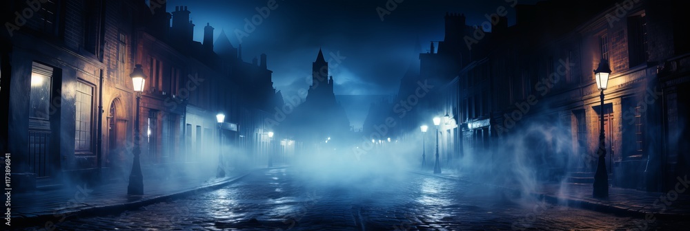 Obraz premium Mysterious fog envelops a deserted street at night revealing hidden architecture. Generative AI