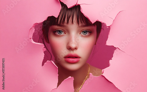 Stylized Portrait of a Woman Peeking Through a Torn Circular Hole in a Pink Background, Highlighting Bold Makeup and a Creative Pop-Art Aesthetic photo