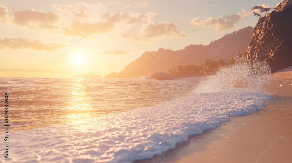 Obraz premium Dramatic Sunset Landscape with Bright Lighting and Waves