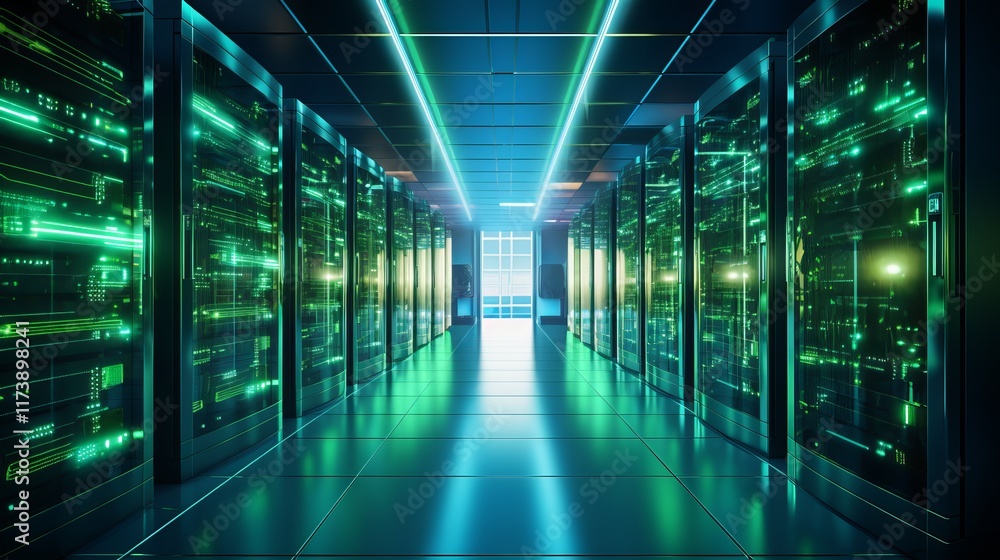 Glowing data center corridor showcasing vibrant technology and innovation. Generative AI Glowing data center corridor showcasing vibrant technology and innovation. Generative AI