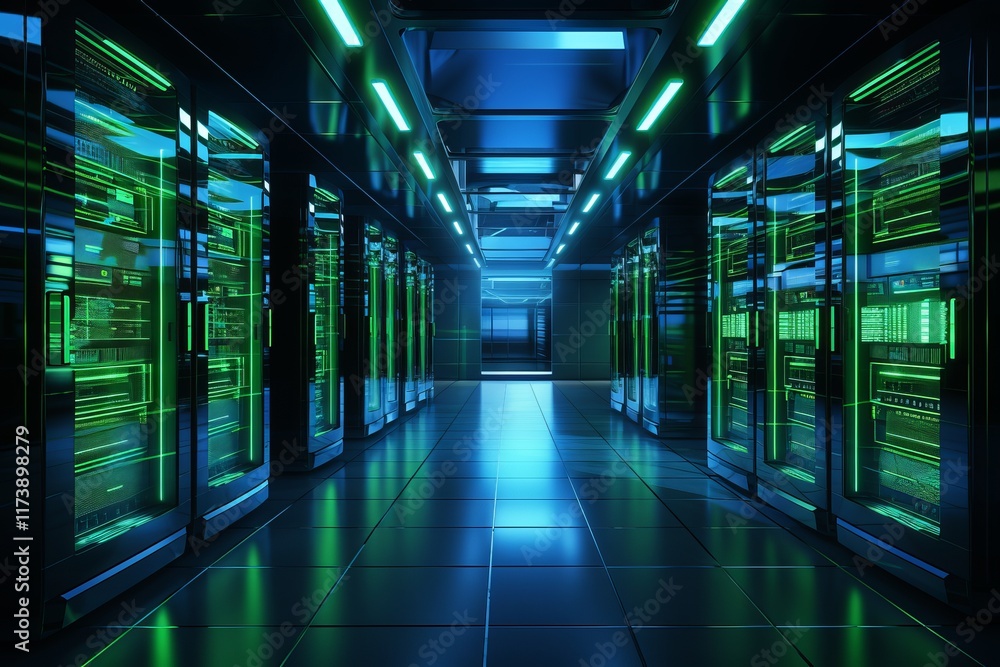 Fototapeta premium Illuminated data center with glowing servers in a high-tech environment. Generative AI