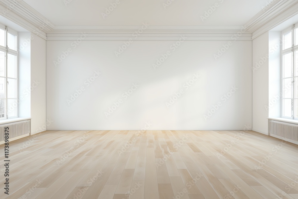 Fototapeta premium Spacious and bright interior with warm wooden flooring and natural light. Generative AI
