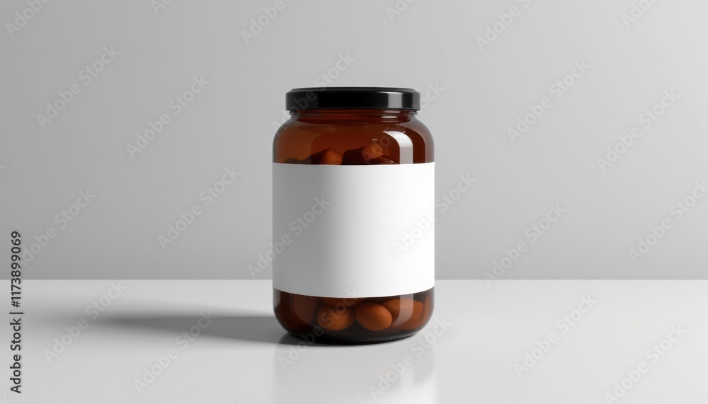 A jar with a label mockup, placed on a smooth surface, clean and modern design, soft lighting with copy space A jar with a label mockup, placed on a smooth surface, clean and modern design, soft lighting with copy space