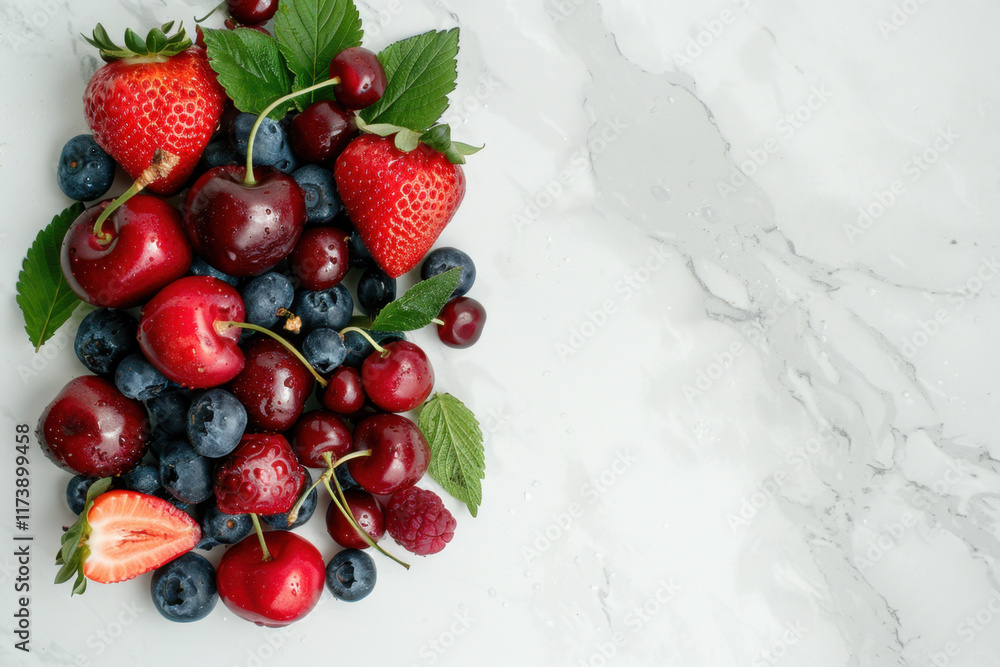 A vibrant arrangement of fresh strawberries, blueberries, raspberries, and cherries, accompanied by green leaves, placed on a clean white marble surface.
A vibrant arrangement of fresh strawberries, blueberries, raspberries, and cherries, accompanied by green leaves, placed on a clean white marble surface.