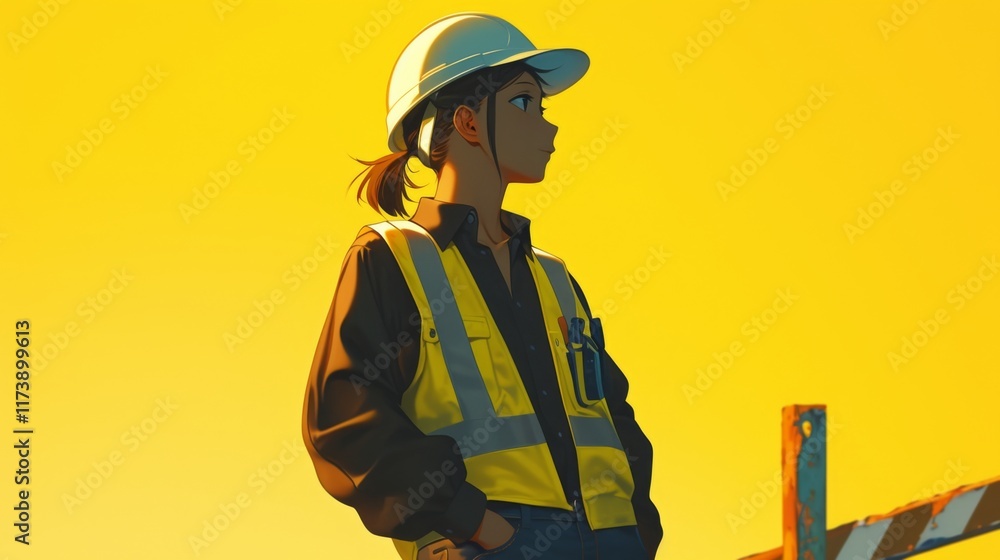 A young character in a repair worker uniform, wearing a yellow high-visibility vest, hard hat, and polo shirt, standing confidently with hands in pockets, symbolizing professionalism and readiness. A young character in a repair worker uniform, wearing a yellow high-visibility vest, hard hat, and polo shirt, standing confidently with hands in pockets, symbolizing professionalism and readiness.