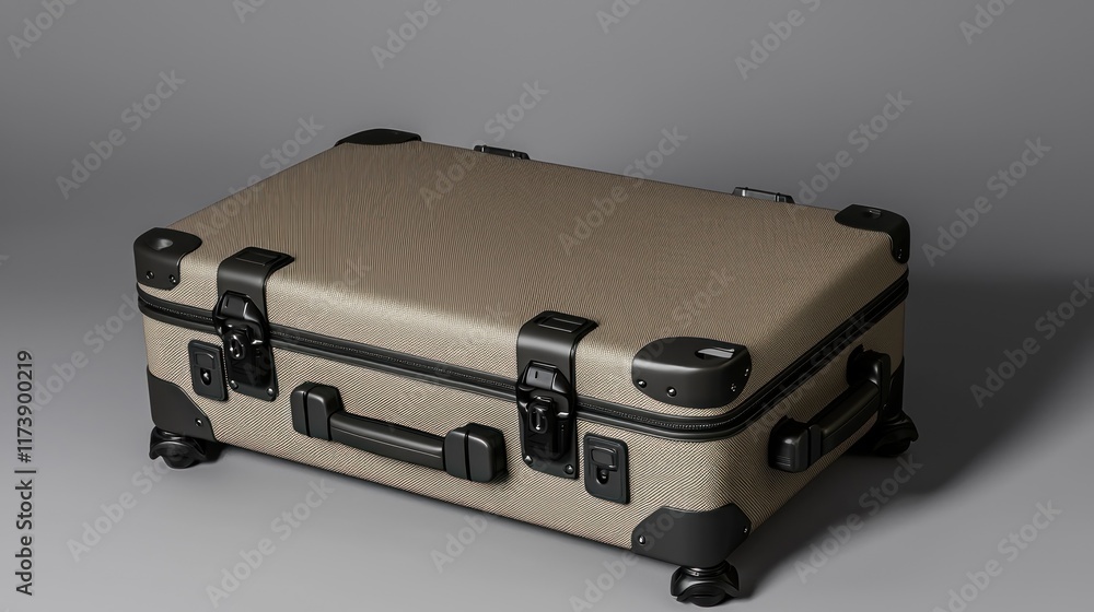 A closed suitcase with a textured surface and sturdy corners. A closed suitcase with a textured surface and sturdy corners.