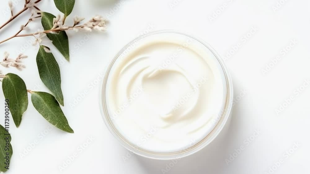 Glass jar with moisturizing cosmetic cream and eucalyptus leaves is suggesting natural skincare and beauty products promoting healthy lifestyle Glass jar with moisturizing cosmetic cream and eucalyptus leaves is suggesting natural skincare and beauty products promoting healthy lifestyle