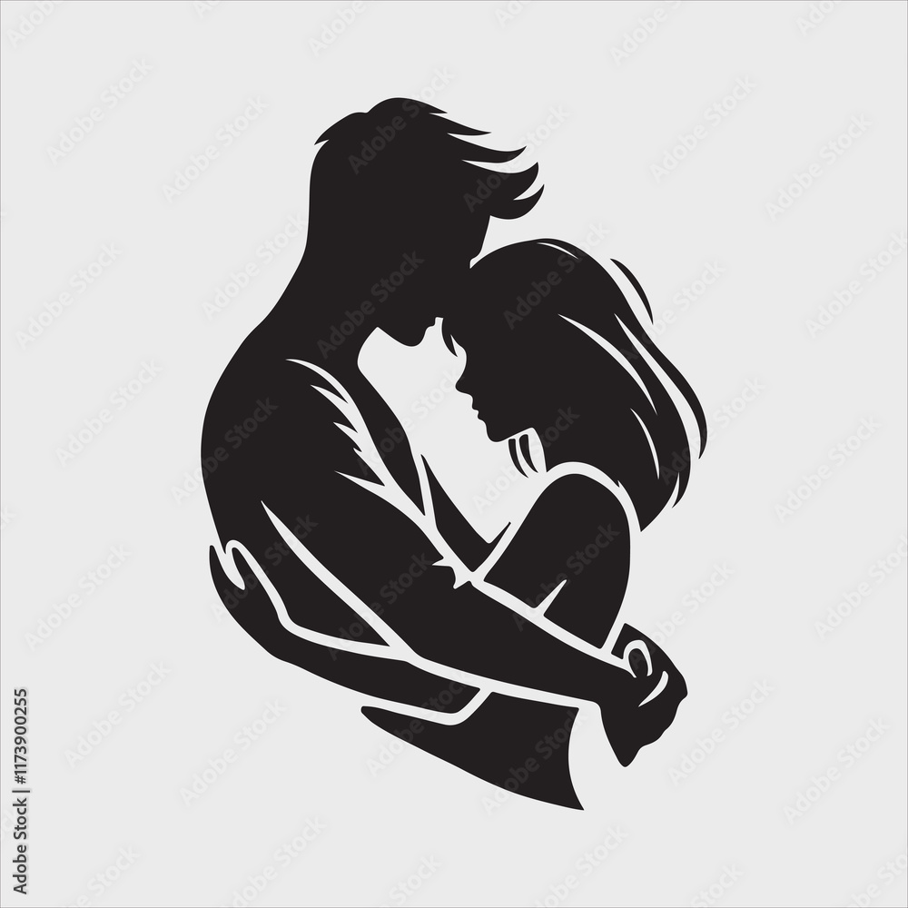 Fototapeta premium Couple Hugging Silhouette with Smooth Shapes Vector Illustration
