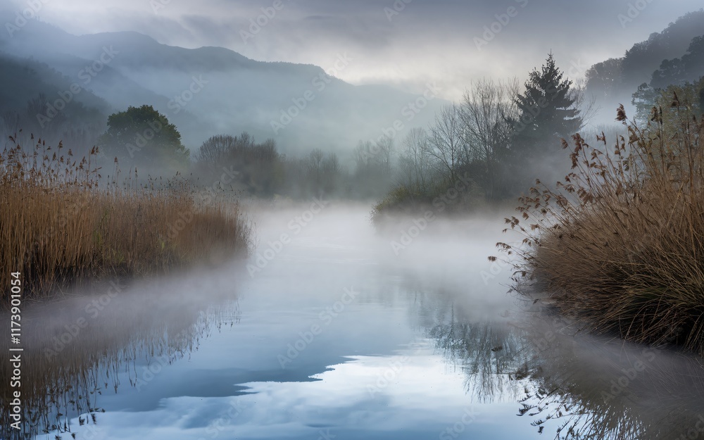 Fototapeta premium Foggy Riverbend, Misty river scene with mountains in background, tranquil autumnal landscape.