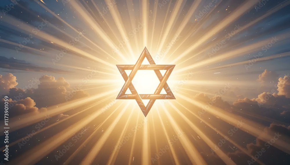 Star of David illuminated by sunlight with radiant rays on a cloudy sky Star of David illuminated by sunlight with radiant rays on a cloudy sky