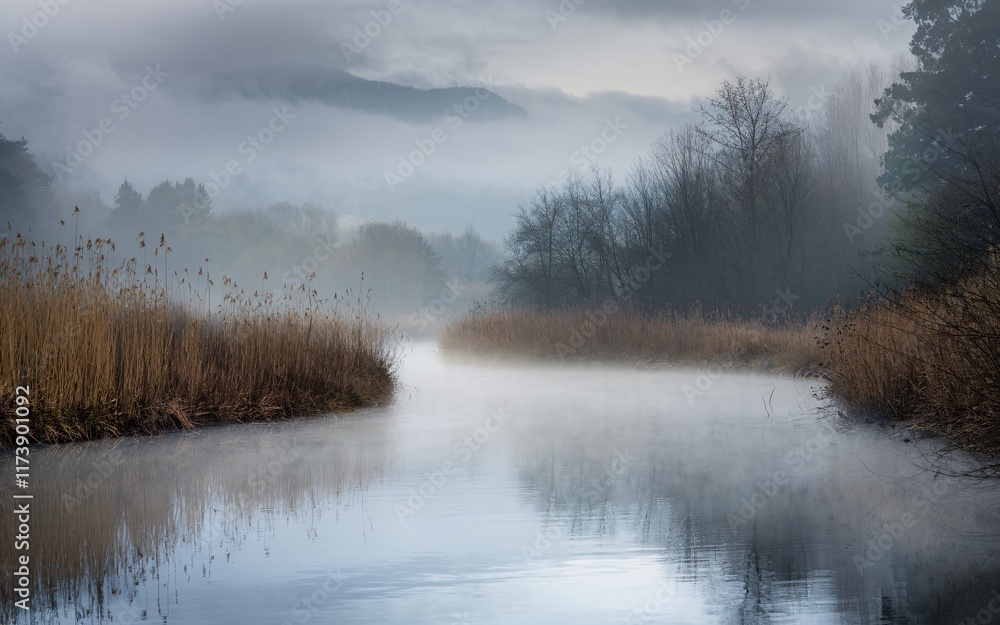 Fototapeta premium Foggy Riverbend, Misty river reflecting foggy landscape at dawn.
