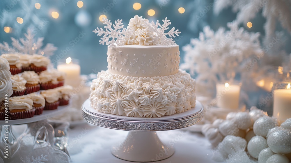 Fototapeta premium Elegant winter wedding cake adorned with snowflakes and surrounded by delicious cupcakes in a cozy festive setting. Generative AI