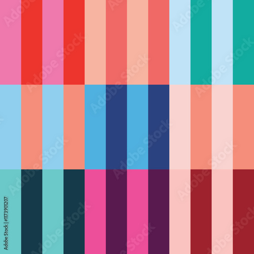 Abstract seamless pattern of vertical multicolored stripes in a row, colorful chess pattern, hand drawn illustration, flat style. Simple rainbow colored vertical stripe seamless repeat vector pattern