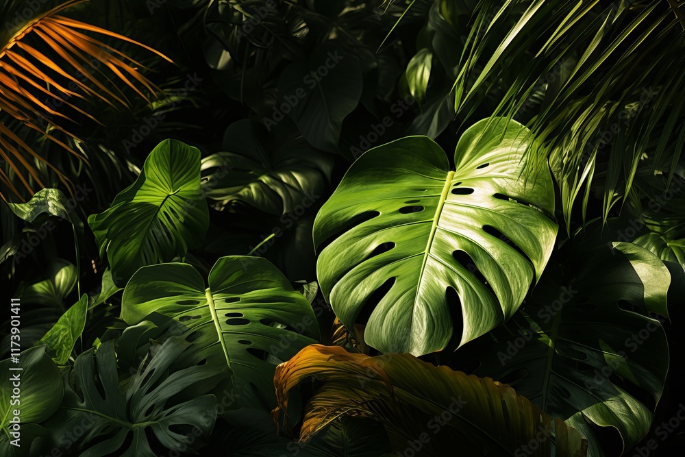 Obraz premium Lush tropical foliage illuminated by gentle sunlight in a hidden oasis. Generative AI