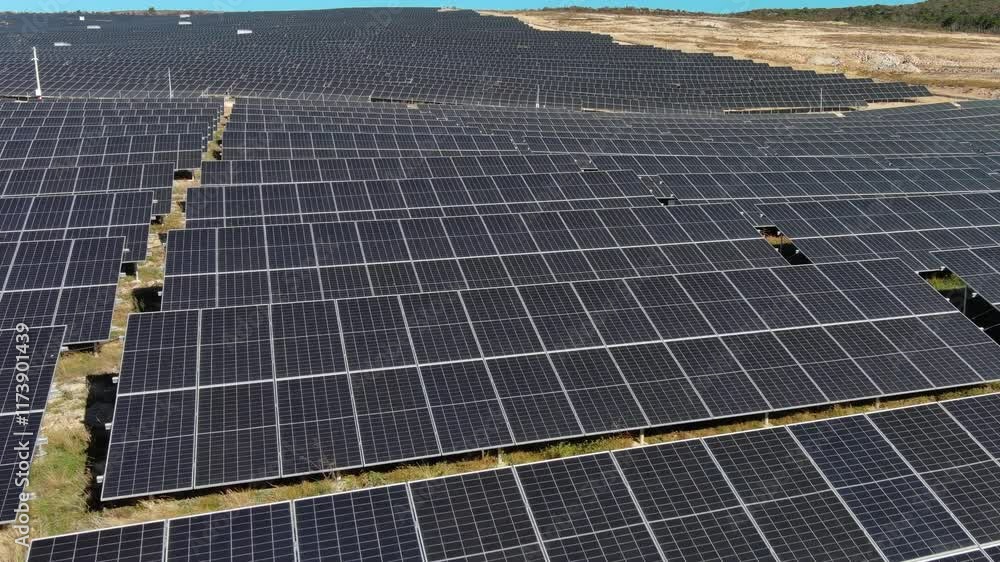 Aerial view of solar power station. Sustainable renewable energy and modern photovoltaic panel technology for electricity production. Green energy solutions, 4k Aerial view of solar power station. Sustainable renewable energy and modern photovoltaic panel technology for electricity production. Green energy solutions, 4k
