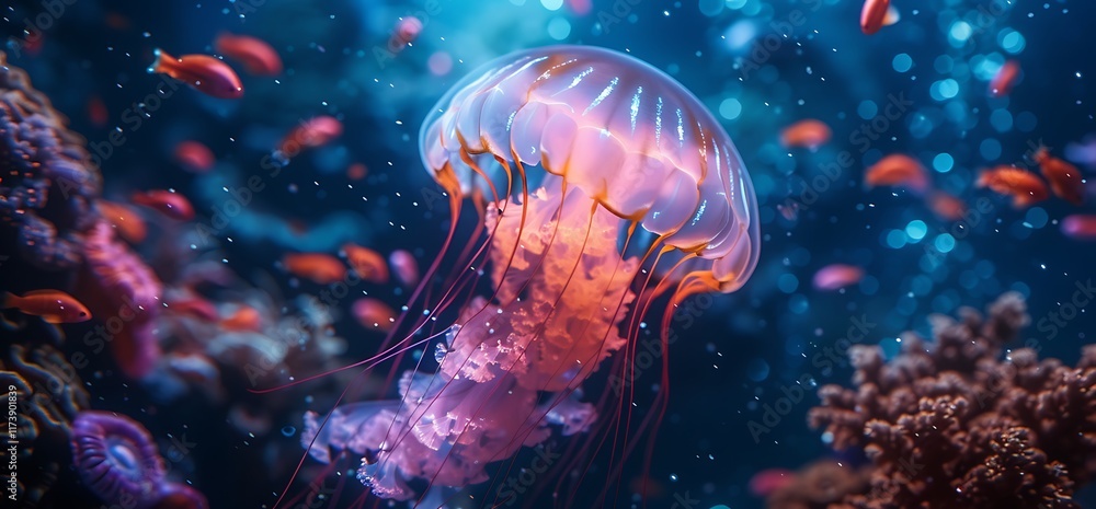 Naklejka premium Vibrant jellyfish in underwater coral reef with small fish.
