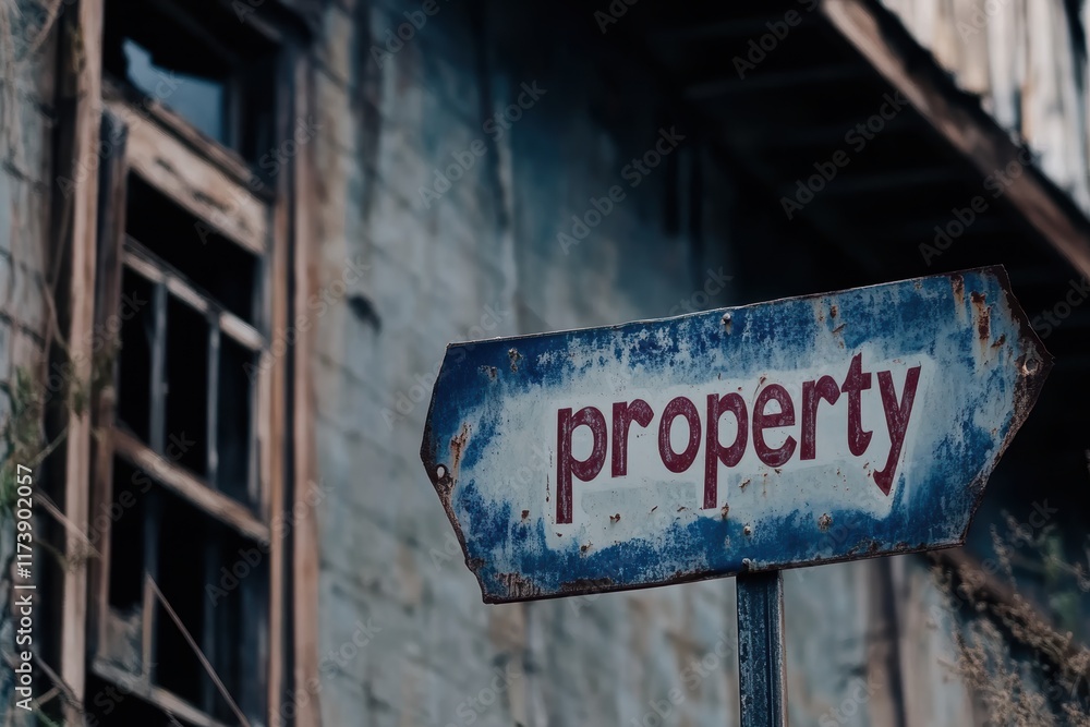 Obraz premium An old, weathered sign pointing to a dilapidated property, capturing the essence of urban decay in a forgotten corner of the city landscape.