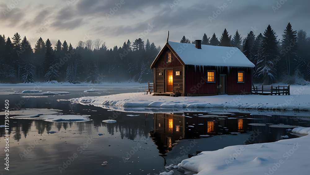 Fototapeta premium A river flowing through a cozy wooden house with snow covered pine.