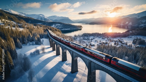 Wallpaper Mural Train travels across a majestic bridge at sunset near snowy mountains and lake. Generative AI Torontodigital.ca