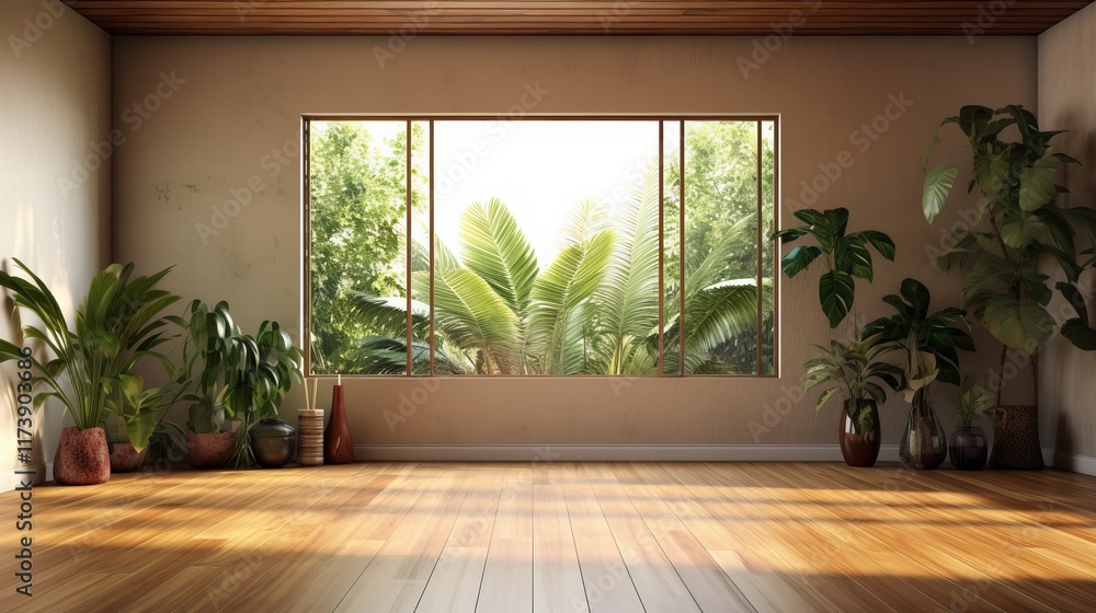 Fototapeta premium Sunlit indoor oasis with lush greenery and serene wooden flooring. Generative AI