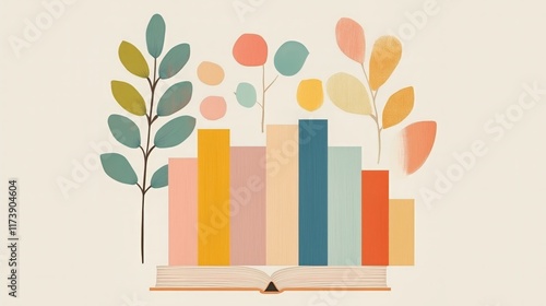 Colorful abstract book and plant design with geometric shapes