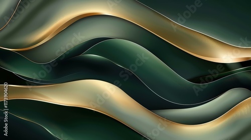 Abstract Gradient Backgrounds: Textured Waves in Shades of Dark Green and Gold, Resembling Silk Fabrics, for Modern Design photo