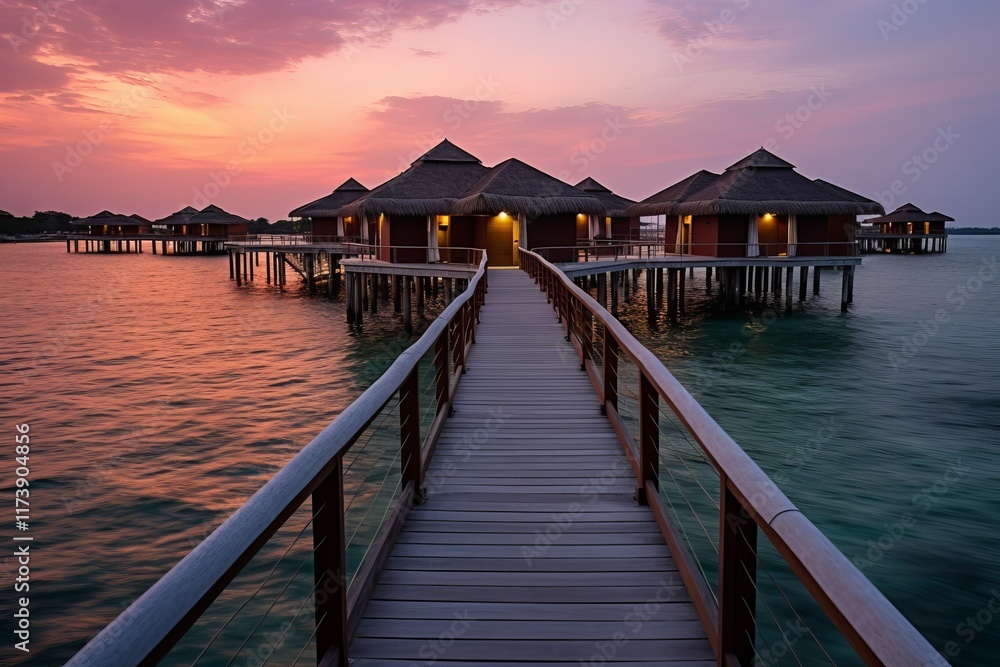 Serene wooden walkway leading to tranquil overwater bungalows at sunset. Generative AI