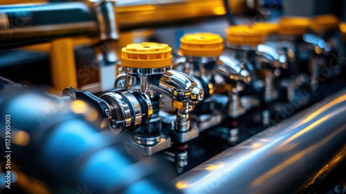 Close-up View of Industrial Piping and Valves with Yellow Handles in a Modern Factory Setting Highlighting Advanced Mechanical Engineering and Precision Components photo