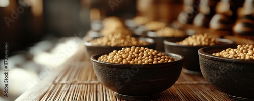 Close-up View of Multiple Wooden Bowls Filled with Mustard Seeds Arranged Neatly on a Bamboo Surface in a Rustic Kitchen Setting photo