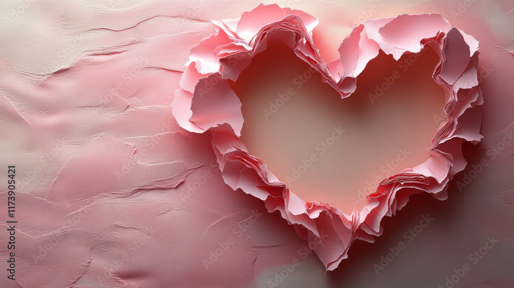 Obraz premium Creative Paper Heart Overlay: A heart-shaped tear in soft pink paper, with detailed curled edges and subtle shadows, leaving the center transparent for custom designs,