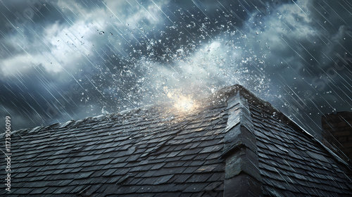 Slow-motion scene of a hailstone striking a weathered shingle roof, showcasing the force of the impact as cracks and indentations form instantly. Rainfall. Illustration