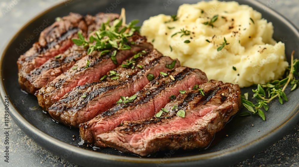Grilled steak sliced, served with creamy mashed potatoes and thyme. Grilled steak sliced, served with creamy mashed potatoes and thyme.
